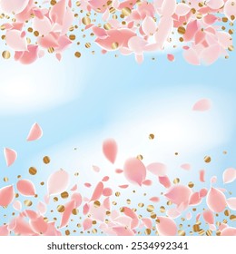 Pétalos rosados de Sakura. Plantilla de Boda con pétalos de flores. Gráficos de Vector de verano. Naturaleza Elementos 3D realistas. Anuncio japonés SPA. Remolino floral creativo de la rosa. Flores De Cerezo Voladoras.