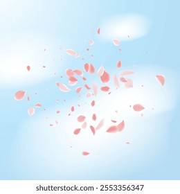 Pétalos rosados de Sakura. Plantilla de Boda con pétalos de flores. Gráficos de Vector de verano. Naturaleza Elementos 3D realistas. Anuncio japonés SPA. Remolino floral creativo de la rosa. Flores De Cerezo Voladoras.  