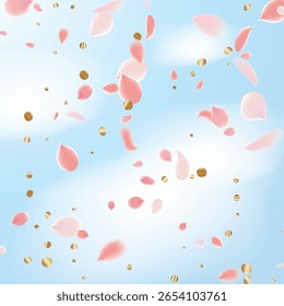 Pink Petals of Sakura. Wedding Template with Flower Petals. Summer Vector Graphics. Nature Realistic 3d Elements. Japanese SPA Banner. Creative Floral Rose Swirl. Flying Falling Cherry Flowers.  