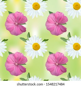 Pink Petunia flowers and chamomile flowers with leaves on abstract green background, floral pattern, seamless texture, vector.