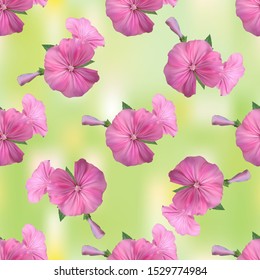 Pink Petunia flowers and inflorescences on abstract green background, floral pattern, seamless texture, vector.