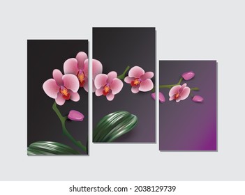 Orquídea de falaenopsis rosa sobre un tríptico de fondo morado con pinturas modulares. Ilustración vectorial para el diseño de pared, otros. 