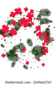 Pink Philodendron Background White Vector. Strelitzia Garden Illustration. Yellow Hibiscus. Vivid Backdrop. Red Beauty Design.
