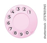 Pink phone dial disk realistic vector mockup. Rotary phone dial with numbers template