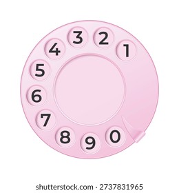 Pink phone dial disk realistic vector mockup. Rotary phone dial with numbers template