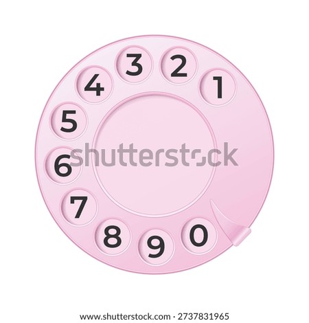 Pink phone dial disk realistic vector mockup. Rotary phone dial with numbers template