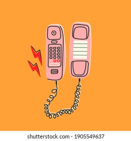 Pink Phone and flash. Communication device. Classic wired telephone. Retro vintage style Icon. Hand drawn Vector illustration. Pre-made Card or T-shirt Print