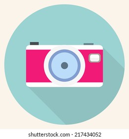 Pink photo camera icon. Vector illustration