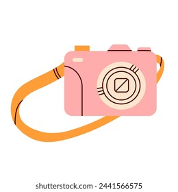 Pink photo camera with with lens and button. Vector isolated icon. Vintage camera in vector flat style. Vacation, touristic travel. Trip to the beach. Design for graphic and web.