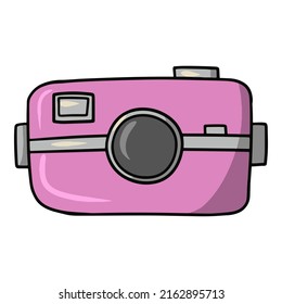Pink photo camera with lens, for travel, cartoon vector illustration on white background