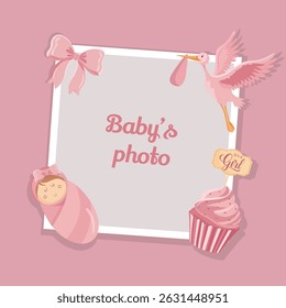Pink photo frame for newborn girl decorated with cute flat baby illustrations, perfect for announcements, invitations, or keepsake designs