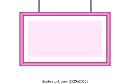 Pink photo frame. White passe-partout. Rectangular picture. Poster or painting template on a transparent background. Hanging board	