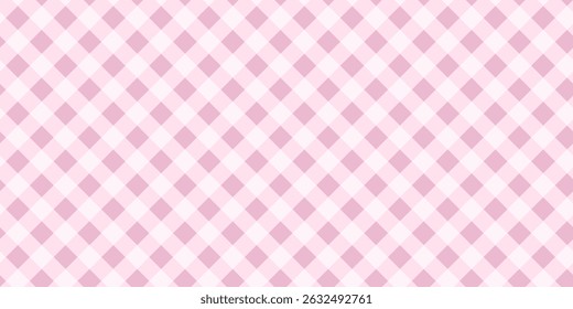 Pink picnic plaid texture. Diagonal gingham or vichy pattern in coquette style. Tablecloth, blanket or napkin print. Cute checkered background. Wrapping paper or textile design. Vector illustration.