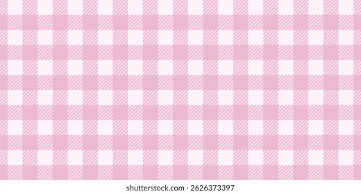 Pink picnic plaid texture. Gingham or vichy pattern in coquette style. Tablecloth, blanket or napkin print. Checkered baby girl background. Wrapping paper or textile design. Vector flat illustration.