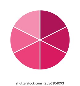 Pink pie chart with 6 parts chart, 6 circle section for business presentation concept. Overall for marketing and education goal vector.