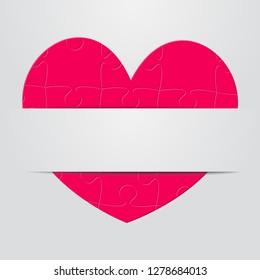 Pink pieces puzzle of romantic heart. Icon, logotype, logo vector puzzle illustration. Jigsaw on Valentine Day. Love, medical, relationship symbol. Autism awareness. Background banner card poster.