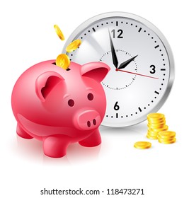 Pink pig bank with coins and clock. Illustration of designer on  white background