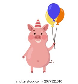 Pink pig in a birthday party hat. Vector illustration of cartoon character flat.