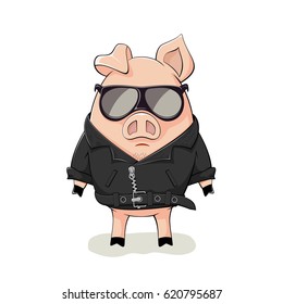 Pink pig with black sunglasses and leather jacket isolated on white background, illustration.