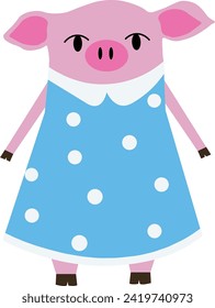 Ein rosafarbenes Schwein auf blauem Polka-Punktkleid