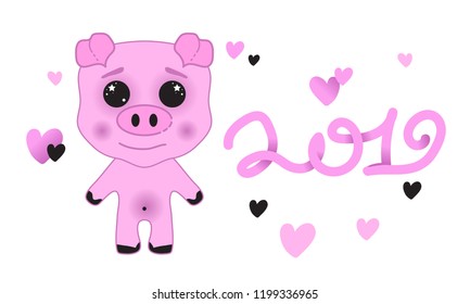 Pink pig cartoon character and lettering 2019 Cute cartoon funny kawaii baby character Pink piggy piglet.. White background. Isolated. 