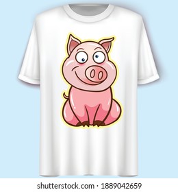 Pink Pig Cartoon Character. Vector Illustration. T-Shirt Design.
