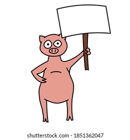 Pink Pig Cartoon Holding a Sign