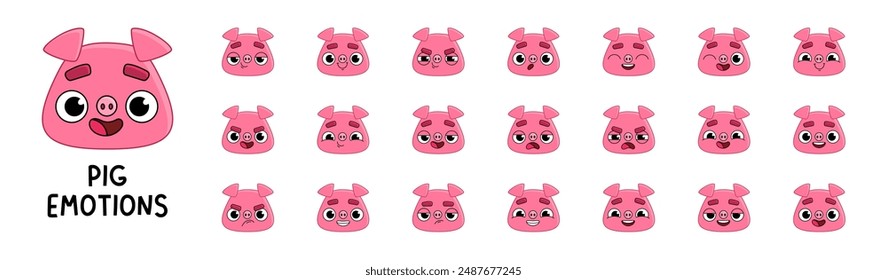 Juego de cabeza de personaje de cerdo rosa. Pegatinas de mascotas con diferentes emociones. Vector lindo personaje animal, mascota