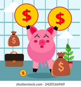 gráfico vectorial de caracteres de cerdo rosa con cualquier expresión adecuada para la inversión y el crecimiento de empresas presentación y movimiento
