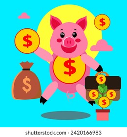 gráfico vectorial de caracteres de cerdo rosa con cualquier expresión adecuada para la inversión y el crecimiento de empresas presentación y movimiento
