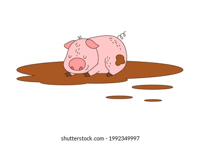 Pink Pig with Curly Tail as Farm Animal Lying in Mud Puddle Vector Illustration