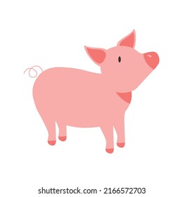Pink pig with curly tail isolated cartoon vector illustration on white background. Farm domestic animal that produces meat and fat. EPS