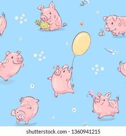 Pink Pig Dance with Balloon Seamless Pattern. Cute Happy Animal Collection for Poster Layout Concept. Zodiac Culture Element Kit for Advertising Print Flat Cartoon Vector Illustration
