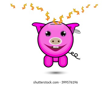 Pink pig with dollar sign falling inside, saving money business concept vector illustration