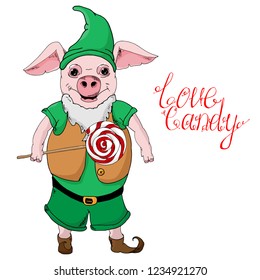 Pink pig dressed in a christmas costume and color lollipop. Hand drawn style print.  Have a style, nice text- lettering quote. Postcard, card, poster design, website design, logo, banner. Vector