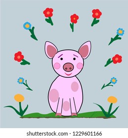 pink pig in flowers