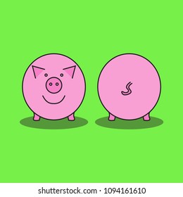Pink pig. Front view and back view. Pig's snout and pig's tail. Vector illustration.