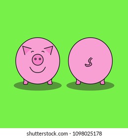 Pink pig. Front view and back view. Pig's snout and pig's tail. Vector illustration.