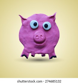 Pink pig in front view. Vector illustration. Plasticine modeling.