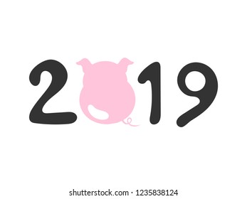 Pink pig and hand drawn funny number lettering Happy New Year 2019. Fashion baby graphic design t-shirt with cute font. Vector illustration.