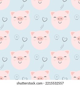 Pink pig head cartoon seamless pattern for a blanket, tablecloth, or clothes.  geometric background wallpaper vector. 