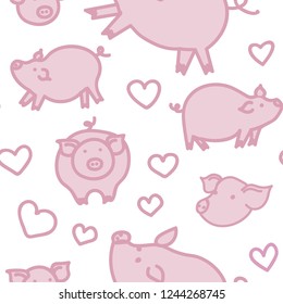 pink pig and hearts, vector seamless pattern