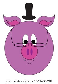 Cerdo rosa con sombrero alto y anteojos redondos ilustración vectorial sobre fondo blanco 