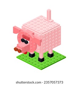 Pink pig in isometry, toy made of plastic blocks. Vector clipart