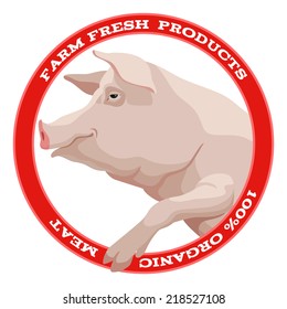 Pink pig with leg side view round label in red style