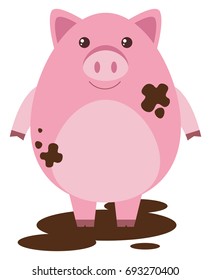 Pink pig in muddy puddle illustration