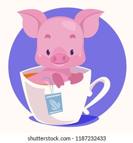 A pink pig in a mug. Against the background of a blue circle. Symbol of the year 2019. Vector illustration isolated on white.