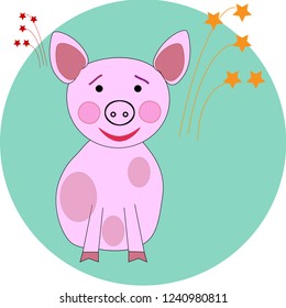 pink pig on a green background with salute