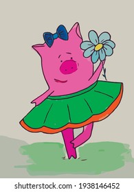 pink pig on a green field holding a flower