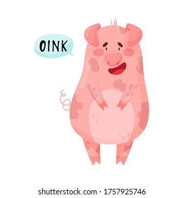 Pink Pig with Open Mouth Making Oink Sound Isolated on White Background Vector Illustration